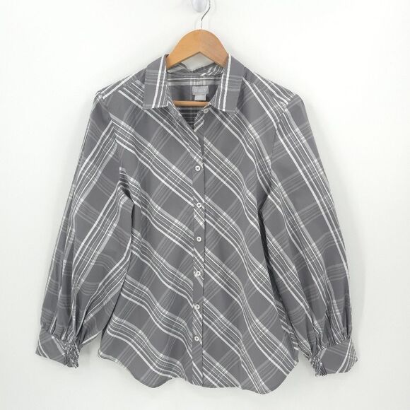 Chicos Plaid Poplin Button Down Top Womens 12 Billow Sleeves Gray Career Office - Picture 2 of 13